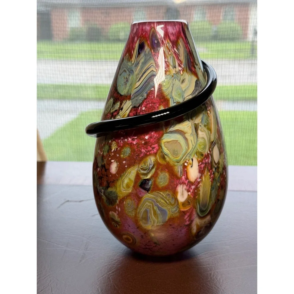 Robert Eickholdt 2000 Signed Studio Art Glass Vase Dichroic Black Wrap Sculpture